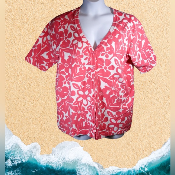 Pink and White Floral Tropical Short Sleeve Sweater - Picture 1 of 10